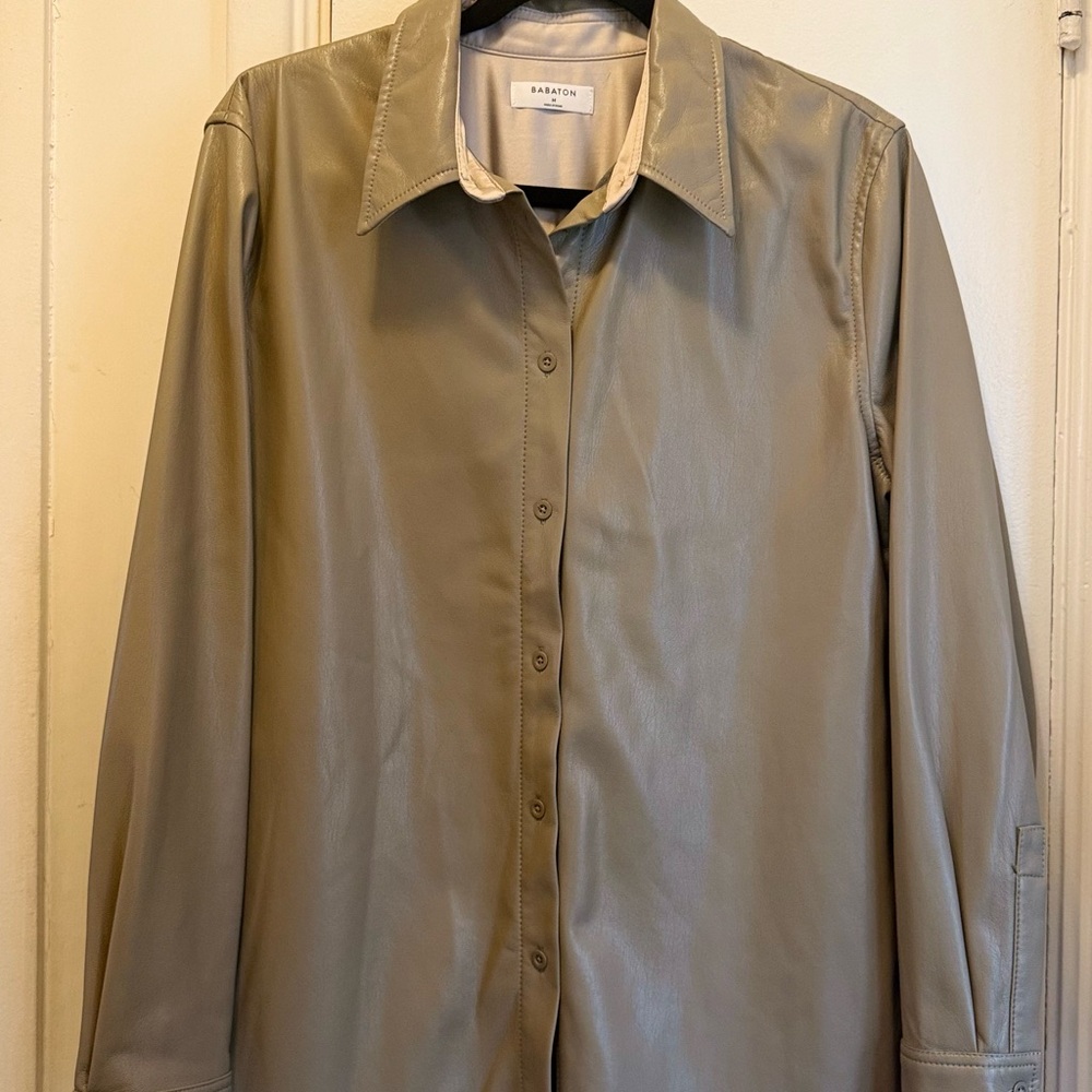 Babaton Beige Vegan Leather Button-Up Shirt